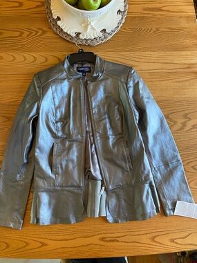 NWT 10 Tall Chadwicks Silver Metallic Leather Zip Jacket